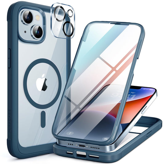 Miracase Glass Series Designed for iPhone 14 Plus Case 6.7 inch, 2023 Upgrade Full-Body Magnetic Clear Case with Built-in 9H Tempered Glass Screen Protector,Compatible with MagSafe,Blue