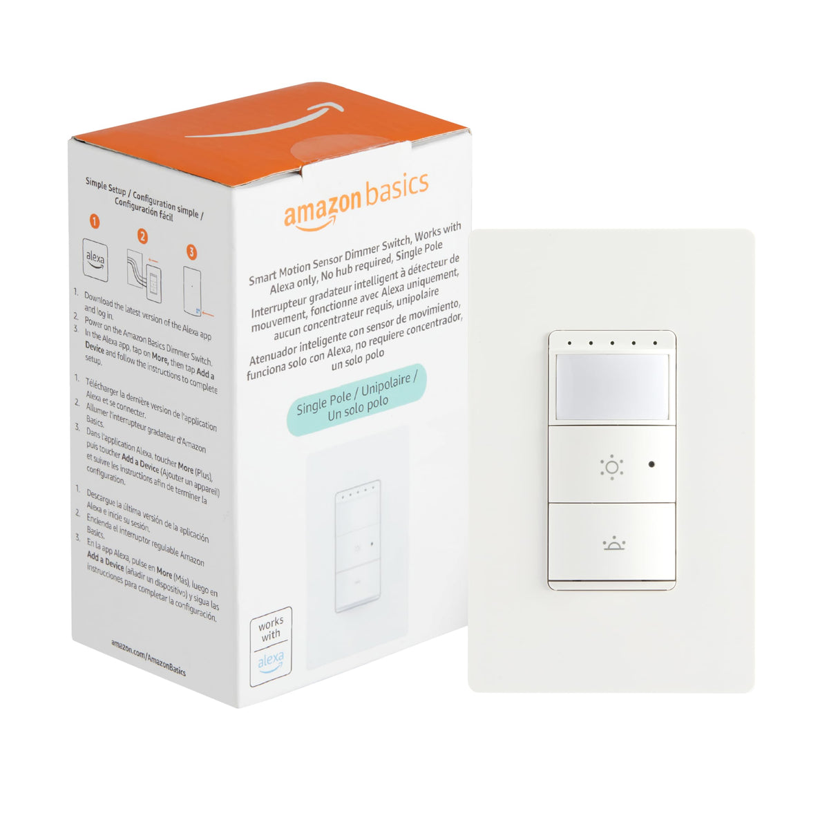 Amazon Basics Smart Motion Sensor Dimmer Switch, Single Pole, Works with Alexa Only, 2.4 GHz Wi-Fi, No Hub Required, Voice Control, Control from Anywhere, 1-Pack, White