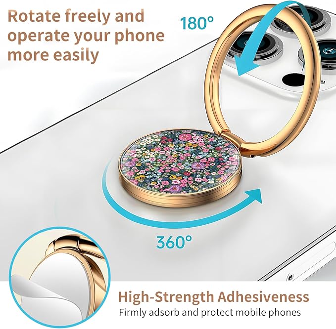 Cell Phone Ring Holder, Cute Metal Phone Grip Stand Finger Ring Kickstand, Flexible 360°Rotation Phone Tablet Case Accessories Compatible with Most Phones Colorful Boho Flowers