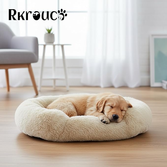 Fluffy Dog Bed Calming Donut Beds for Large Dogs Warming Round Small Medium Pet Nest Cozy Cat Mattress Indoor Washable Puppy Kennel Kittens Sleep Mat (S, 23.6×23.6 inch, Khaki)
