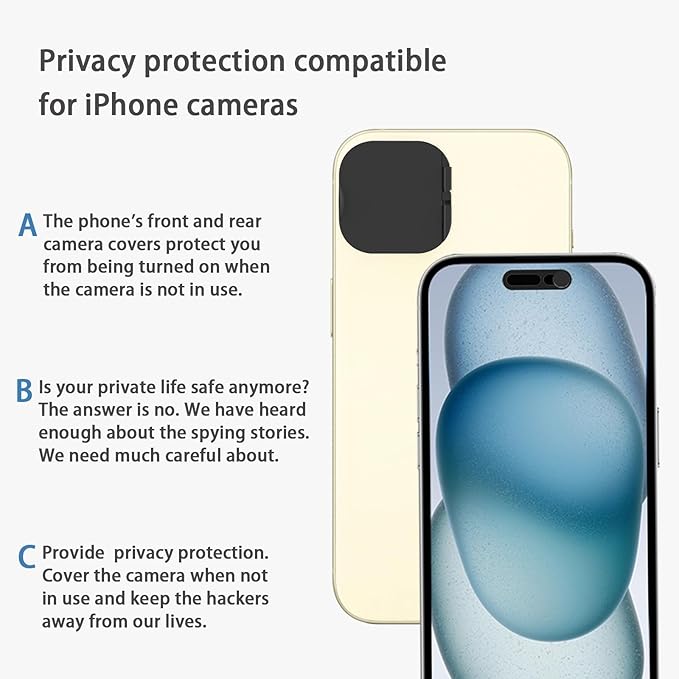 Privacy Cover Compatible for 15 /iPhone 15 Plus with Front Camera Cover,Protect Privacy and Security But Not Affect Facial Recognition-2Pack