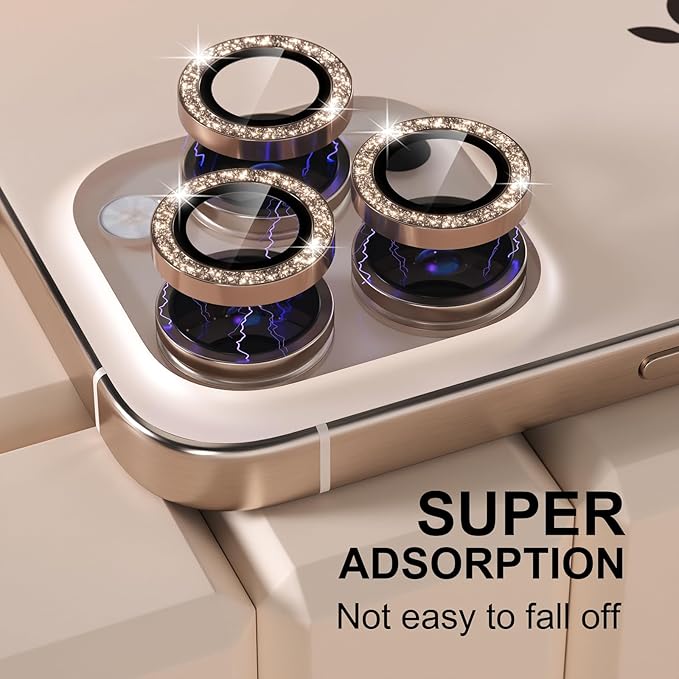 Misea Compatible for iPhone 16 Pro/iPhone 16 Pro Max Camera Lens Protector Bling, 9H Tempered Glass Camera Cover Screen Protector Metal Individual Ring Protector Decoration, Desert Titanium Glitter