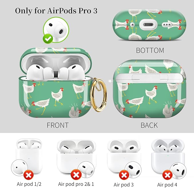 for AirPods Pro 3 Case, Compatible with AirPods Pro 3rd Generation Case (2025), Shockproof Protective Cover with Golden Carabine (Cute Chicken)