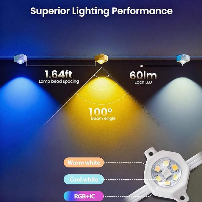 Permanent Outdoor Christmas Lights for House,100ft Smart RGB+IC Color Eave Lights,Tunable Warm to Cool White 60lm for Daily Lighting,IP67 Waterproof, Alexa Google APP Remote Control