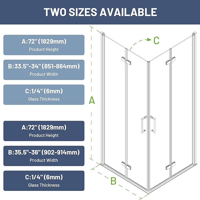 Corner Shower Enclosure Kit 34" D ×34" W × 72" H, Stand Up Shower Stall Kit with 1/4" Clear Corner Shower Glass Door, Bi-Fold Tempere Frameless Glass, Matte Black, Base Not Included