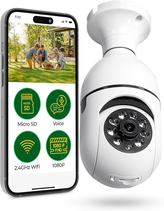 STARSCOPE Sentinel Camera Bulb - 360 HD Video Night Vision WiFi Surveillance Cameras for Outdoor Indoor, Hidden Cam Bulbs System, Motion Sensor Detection Alarm with Two-Way Audio
