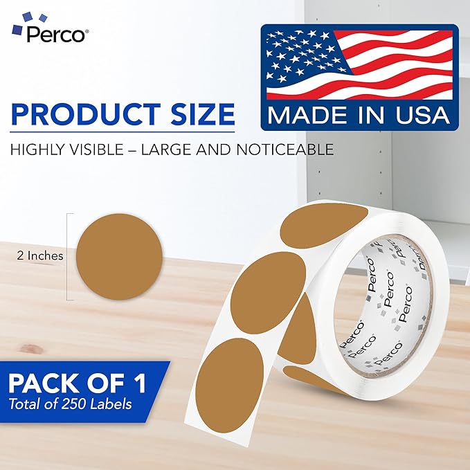 Perco Kraft Brown 2-Inch Perforated Circle Dot Sticker Labels—250 Round Stickers Per Roll—Natural, Cardboard-Like Surface with Permanent Adhesive for Product Labeling, Packaging, Crafting—Made in USA