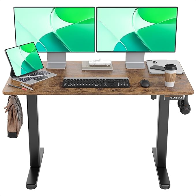 Claiks Electric Standing Desk, Adjustable Height Stand up Desk, 48 * 24 Inches Sit Stand Home Office Desk with Splice Board, Black Frame/Vintage Brown Top