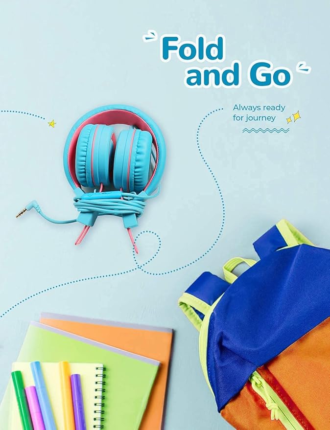 iClever Kids Headphones with Cord, 85/94dB Safe Volume Tech, Bending Resistance Durable, Foldable, Stereo Sound 3.5mm Jack Wired Headphones for Kids Boys Girls Tablet/Travel/School, HS14 Blue Pink