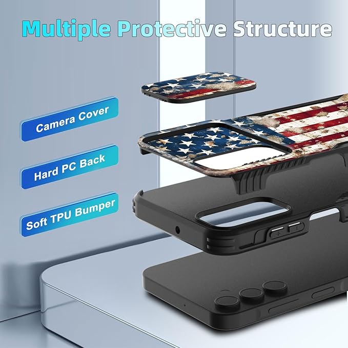 for Galaxy A15 5G Case Built in Slide Camera Lens Cover,Heavy Duty Shockproof Protection Dual Layer Case for Samsung Galaxy A15 5G 6.5 inch 2024,Rustic American Flag