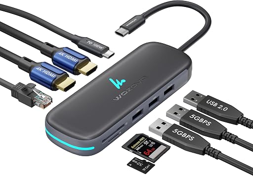 Type C 9 in 1 Wozoyo Docking Station with 2XUSB 5Gbps, 2X4K HDMI, Gigabit Ethernet, SD & TF Card Reader, PD 100W, USB 2.0, USB-C Hub, Compatible with Thunderbolt 4, macOS, Windows, Android & iOS