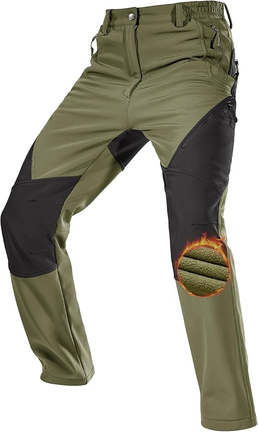 FREE SOLDIER Men's Fleece Lined Outdoor Cargo Hiking Pants Water Repellent Softshell Snow Ski Pants with Zipper Pockets