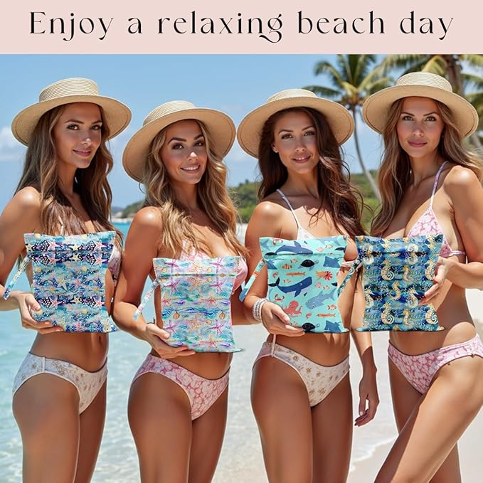 4 Pack Wet Bag for Swimsuit, Beach Travel Essentials Wet Dry Bag, for Sunscreen Toiletry Dirty Clothes Yoga Gym Diaper, Friend Summer Beach Vacation Gifts. Marine Animal Series