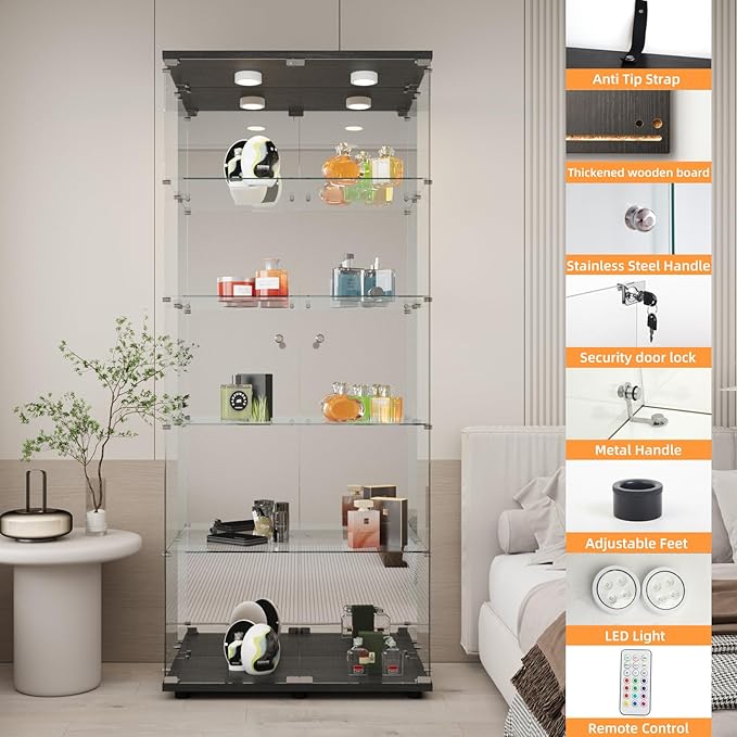 LFT HUIMEI2Y Glass Display Cabinet 5-Shelf with LED Light, Mirror and Lock, 2 Door Curio Cabinets, Tempered Glass Collection Display Showcase for Bedroom, Living Room Black