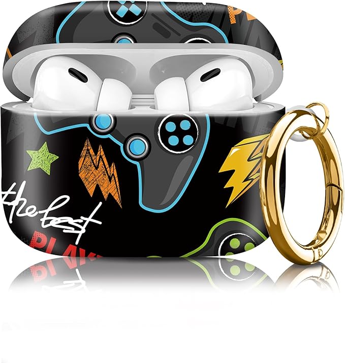 Compatible with Airpod pro 2nd/1st Generation Case Cover with Gold Round Keychain Cute Pattern Hard & Anti Slip Cover for Men Women & Girls（Game on）