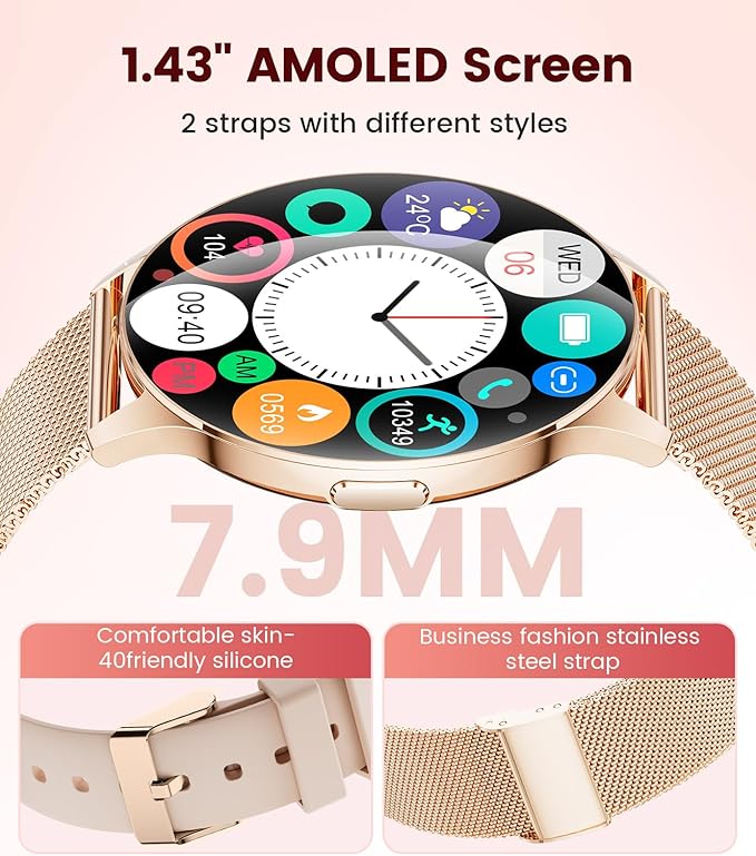 LIGE Smart Watch for Women, 1.43" AMOLED Screen Smartwatch with Answer/Make Call for iPhone/Android/Samsung, Fitness Tracker with 120+ Sport Modes, Sleep/Health Monitor, IP68 Waterproof, 2 Bands,Gold
