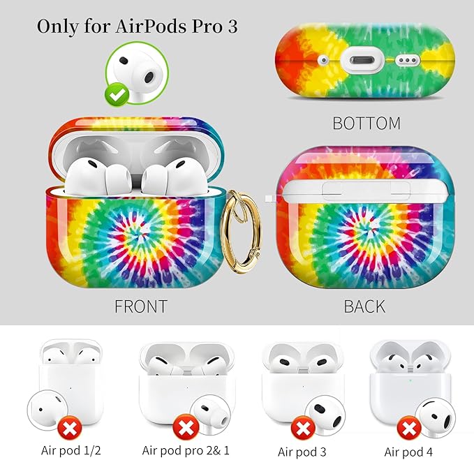 for AirPods Pro 3 Case, Compatible with AirPods Pro 3rd Generation Case (2025), Shockproof Protective Cover with Golden Carabine (Rainbow Tie Dye Spiral)