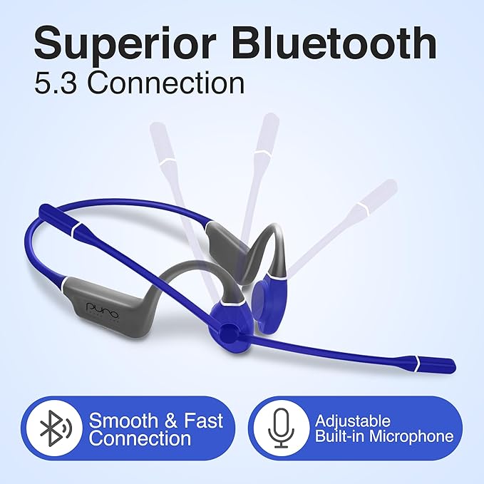 Puro Sound Labs PuroFlex Kids Bone Conduction Headphones – Bluetooth 5.3 Wireless, Volume Limited with Built-in Mic, Ideal for School, Running & Sports, IPX5 Waterproof Kids Open Ear Headphones, Blue