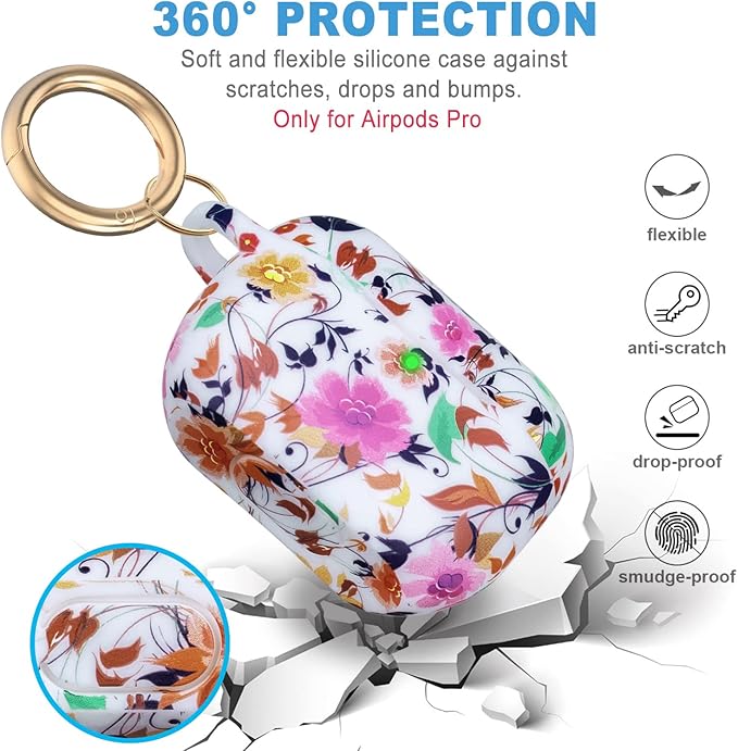 Flower Silicone Compatible with AirPods Pro Case 2019, Gawnock Soft Case Cover Flexible for Print Cover for Women Girls with Keychain - (Colorful Flower)