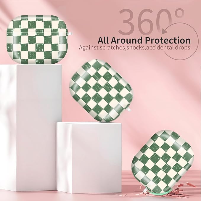 Compatible with AirPods Pro 3rd Generation 2025 Case Cover with Gold Keychain - Cute Protective Hard AirPod Pro 3 Cases for Women - Hand Drawn Checkerboard