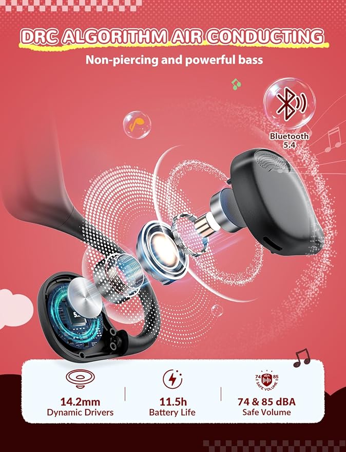 iClever Kids Headphones, Bluetooth 5.4 Air Conduction Open Ear Headphones, Safe Volume 74&85 dBA, Clear Audio, 360° Bending, Ultra-Light Comfortable Kids Bluetooth Headphones for iPad/Outdoor/Sports