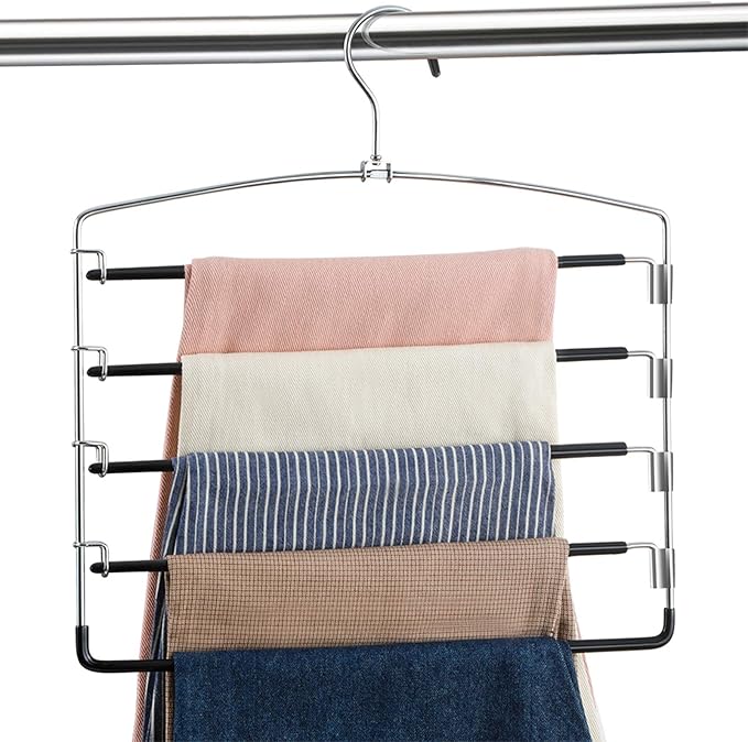 FeeraHozer Pants Hangers Non Slip 6 Pack Space Saving Hangers Multi-Layer Swing Arm Pants Hanger Stainless Steel Space Saver Hanger for Jeans Scarf Trouser Towel Clothes (Black)