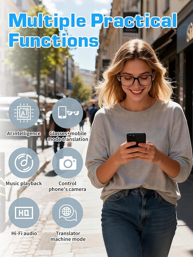 Smart Glasses for Men & Women, AI Smart Glasses with Translation Open-Ear Speaker Blue Light Blocking Glasses Lenses Hands-Free Calls Music for Driving, Travel, Work
