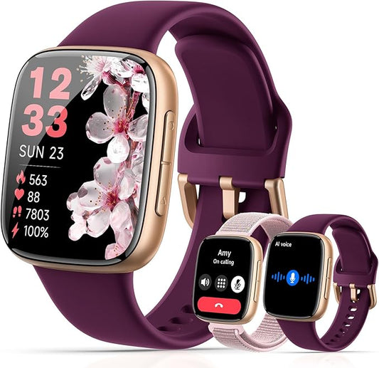 Smart Watches for Women, 1.85" HD AMOLED Display, 2 Bands Included, Works with iPhone & Android, 12-Day Battery, 3ATM Waterproof, Bluetooth Call, Health & Fitness Tracker, D-Purple