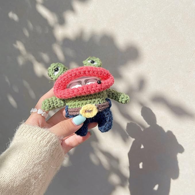 Yatchen Plush Case Compatible with AirPods 1&2, Kawaii Cute 3D Cartoon Fur Sausage Mouth Frog Design Funny for Airpods 2nd 1st Generation Cover with Keychain Protective Case for Women Girls