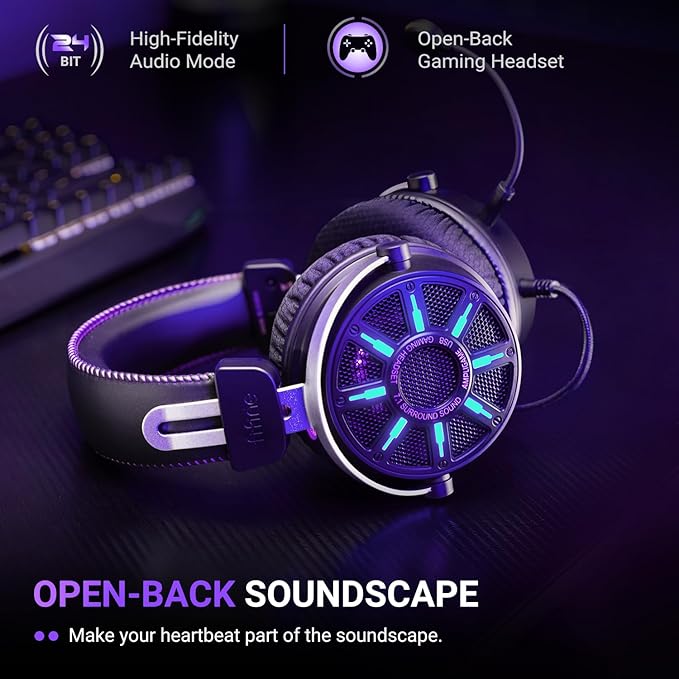 FIFINE Wired Open Back Gaming Headset, Open Acoustic Audio,Customizable RGB,USB in-Line Control, 7.1 Surround Sound, Over-Ear Gamer Headphone with Detachable Mic for PC PS5/PS4, Laptop, Mac - H19BP