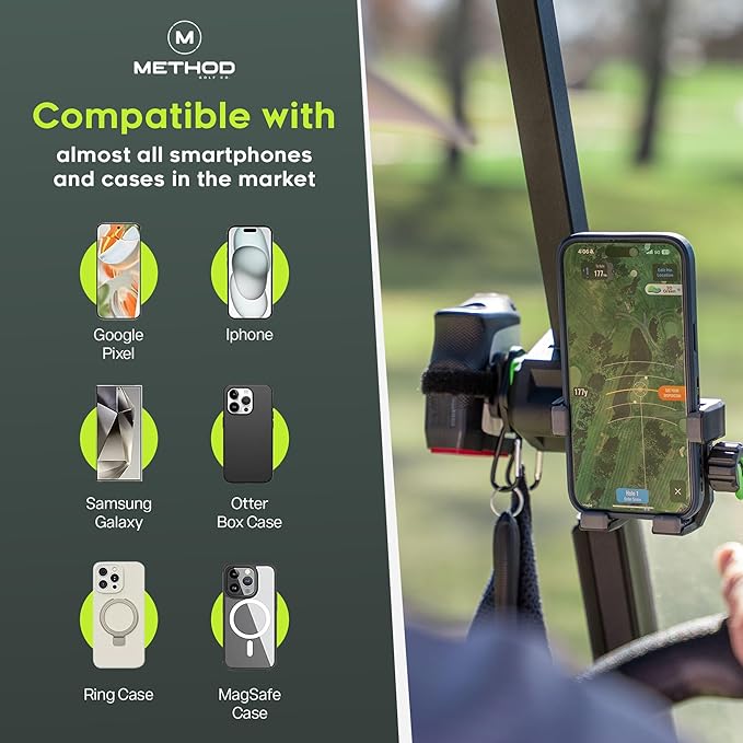 Method Golf RiderStack Pro Pack- Magnetic Golf Cart Phone Holder Plus Range Finder Magnetic, MagStack Microfiber Towel and Club Brush with MagStack Tile- Compatible with EZGO, Club Car and Yamaha