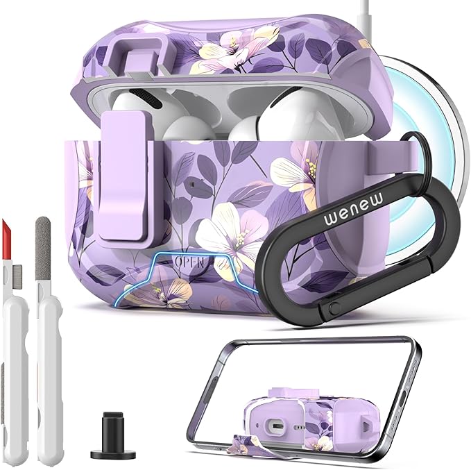 Wenew Case for AirPods Pro & Pro 2 Case Cover with Lock, Phone Stand, Cleaning Tool, Clip, Women Full Body Hard Shell, Compatible with Magsafe, One-Click Pop Open Lock (Purple 2, AirPods Pro & Pro 2)