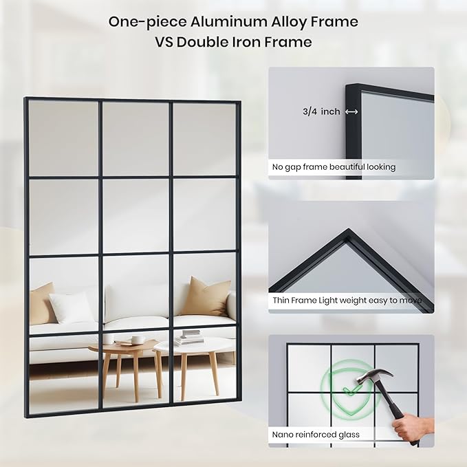 Windowpane Wall Mirror 30"x40" Black Wall Mounted Art Pane Mirror Farmhouse Decorative Mirror Leaning Hanging Wall Mirror for Bedroom Living Room Entryway Hallway Wall Decor