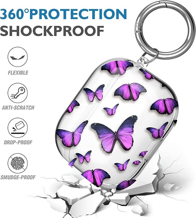 Maxjoy for AirPods 3 Case, Clear AirPod 3rd Generation Case for Women Men Cute Soft Protective AirPods 3 Cover with Keychain for AirPod 3rd Generation Charging Cover 2021, Butterfly Purple
