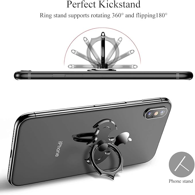 Bat Phone Ring Stand Holder - OATSBASF Cell Phone Ring Holder Finger Grip 360 Degree Rotation Compatible with iPhone 17/16/15/14/13 Pro Max and Other Smartphones（Black+Silver）