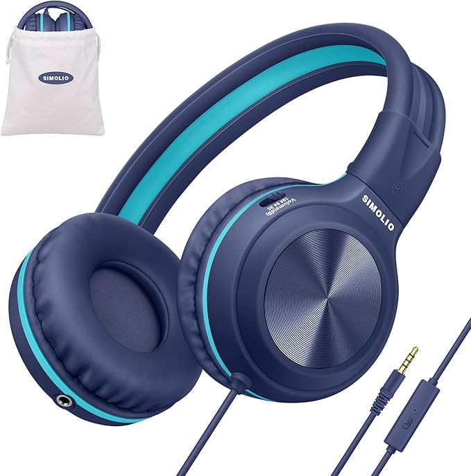 SIMOLIO Wired Kids Headphones for School with Microphone, Volume Limiting & Noise Cancelling PC Headset with Cord, Plug in Headphones for Tablet, Laptop (Navy Blue)