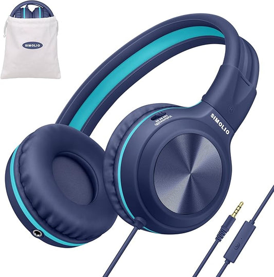 SIMOLIO Wired Kids Headphones for School with Microphone, Volume Limiting & Noise Cancelling PC Headset with Cord, Plug in Headphones for Tablet, Laptop (Navy Blue)