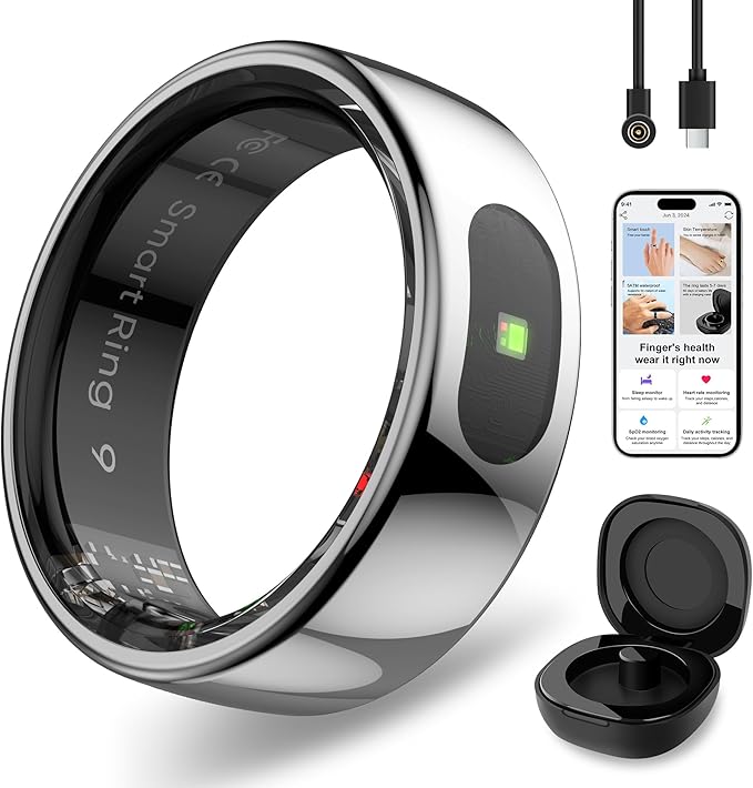 Smart Ring with Instant Notification Alerts & Gesture Control - Sleep Tracker Ring, Fitness Ring for Steps & Heart Rate, IP68 Waterproof (Silver, 9)