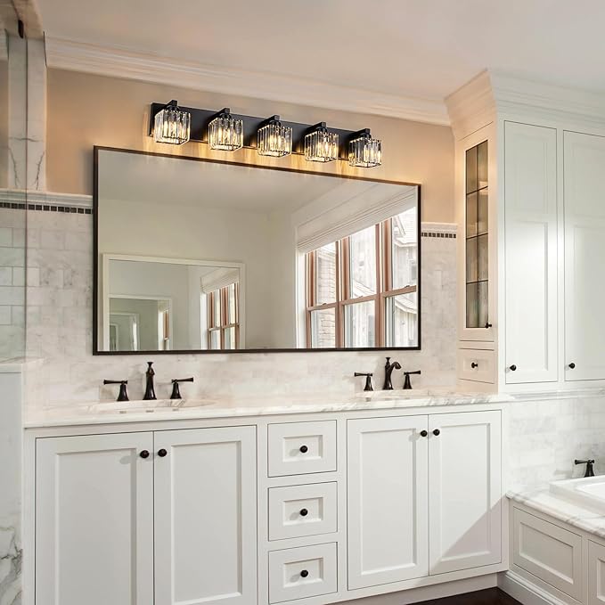 35.43" Black Crystal Bathroom Vanity Light 5-Lights Modern Bathroom Lighting Fixtures Over Mirror, Crystal Wall Light