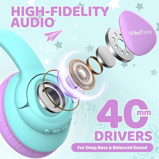 VibeTune Kids Bluetooth Headphones, 60H Playtime, Volume Limited 85/94dB, Bluetooth 5.4, Type-C Fast Charging, Foldable Wireless Headphones for Kids, Toddler Headsets with HD Mic-Purple