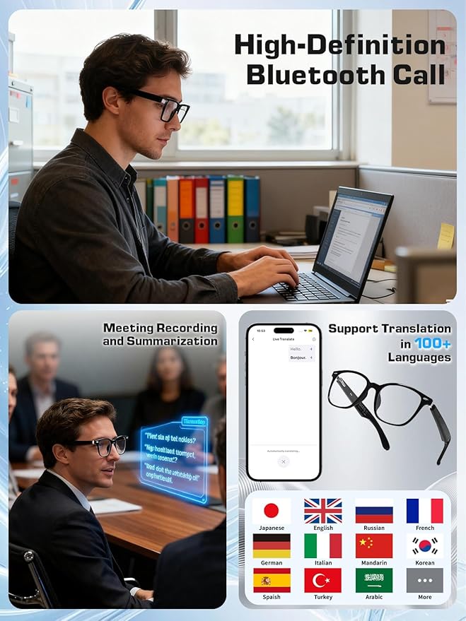 Smart Glasses for Men & Women, AI Smart Glasses with Translation Open-Ear Speaker Blue Light Blocking Glasses Lenses Hands-Free Calls Music for Driving, Travel, Work