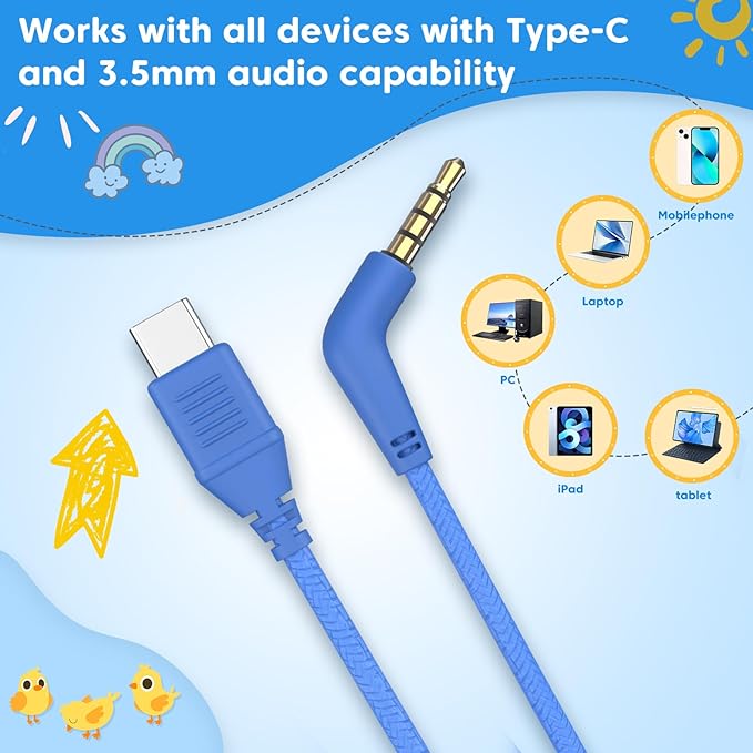 Kids Headphones for School Travel, Upgrade USB Type C Safe Volume 94dB, with Mic HD Stereo Sound Foldable On-Ear Headphones for Boys/Girls/Students/Tablet/Travel Blue