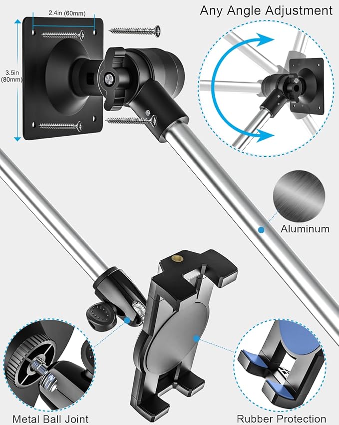 Tablet Wall Mount Holder, 35" Aluminum Foldable Arm, 360 Degree Angle Adjustable for Kitchen/Desk, for iPad Pro Air Mini, Galaxy Tab, Z Fold, Fire HD, Switch, iPhone, Camera, Webcam, 4.7-13" Devices
