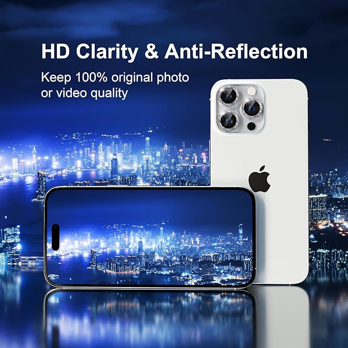 Misea Compatible for iPhone 15 Pro/iPhone 15 Pro Max Camera Lens Protector Bling, 9H Tempered Glass Camera Cover Screen Protector Metal Individual Ring Protector Decoration Accessories, Silver Glitter
