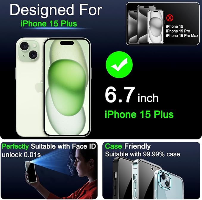 IMBZBK 3 Pack Privacy Screen Protector for iPhone 15 Plus Tempered Glass with 3 Camera Lens Protector, Accessories 9H Anti Spy for Apple 15 Plus, 2.5D Curved, Case Friendly, Transparent