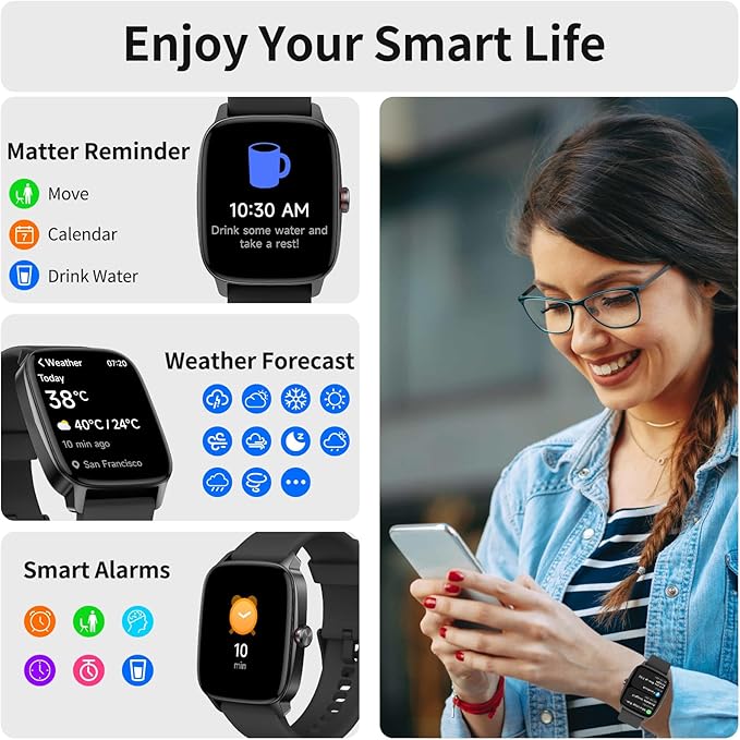 YMZ Smart Watch for Men Women, IP68 Waterproof, Bluetooth Calling, Fitness Tracker, Sleep Monitoring, 1.85'' DIY Dial, AI Built-in, 7 Days Battery, Compatible with Android & iOS