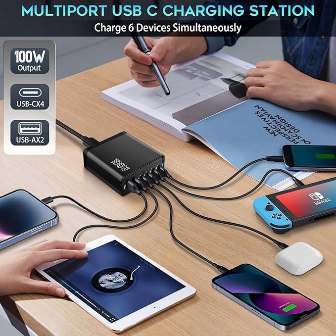 Fast USB C Charging Station, Total 100W 6-Port Charger Block with 4 USB-C and 2 USB-A Ports Quick 3.0 Adapter Work for iPhone 16 15 14 13 Pro Max, iPad, Galaxy, Pixel Portable Multiport Hub (Black)