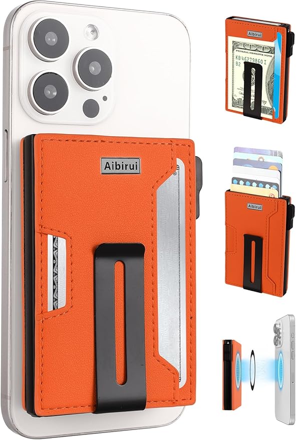 Wallet for men,Magsafe Wallet with Money Clip,Ridge Wallets for Men | Magnetic wallet for iPhone 17/16/15/14/13/12 Series,Card Holder(8 Cards & Bills), Aluminum & Microfiber Leather,Orange