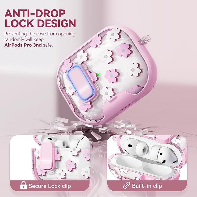 with Safety Lock for AirPods Pro 3 Case 2025,Clear Floral Cute Airpods Pro 3rd Generation Case with Phone Stand & Cleaner Kit for Apple AirPods Pro 3 for Women Girly-Pink Flower
