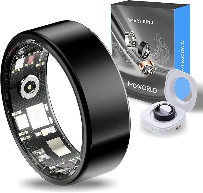 Mworld Smart Ring for Stress & Emotional Tracking, Health Fitness Tracker with Heart Rate Monitor, Sleep Analysis, 10ATM Waterproof, for Men and Women - Steel Material (Black, 10)